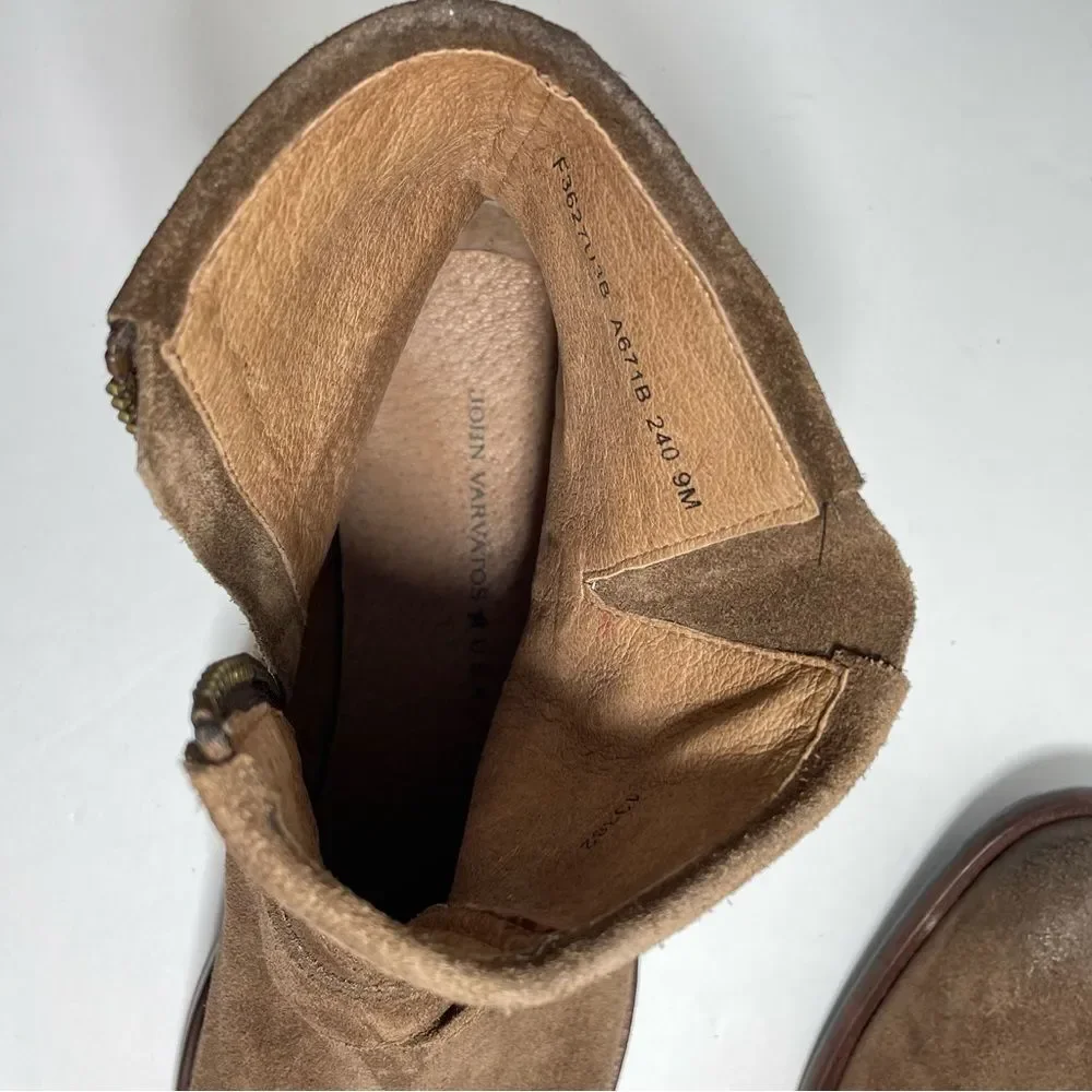 John Varvatos Taupe Brown Suede Double-Buckle Ankle Boots